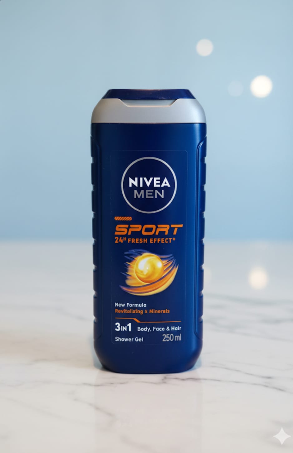 Nivea Men Sport, 24hr fresh effect. 3 in 1 body, face and hair shower gel, 250ml. Made in Germany